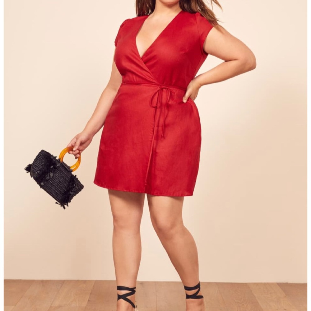 Reformation red rodin linen wrap dress 2X